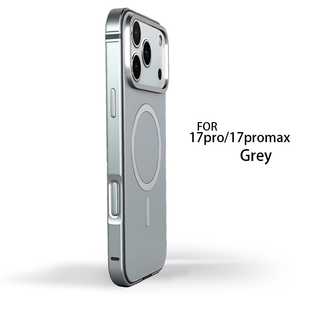 Grey metal case side profile with matte finish, raised bezel, and central magnetic ring