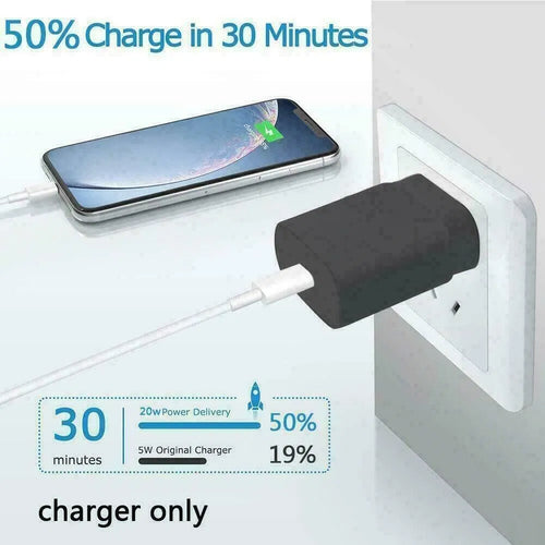 Black charger plugged into white outlet connected to smartphone showing charging screen and power comparison graph.