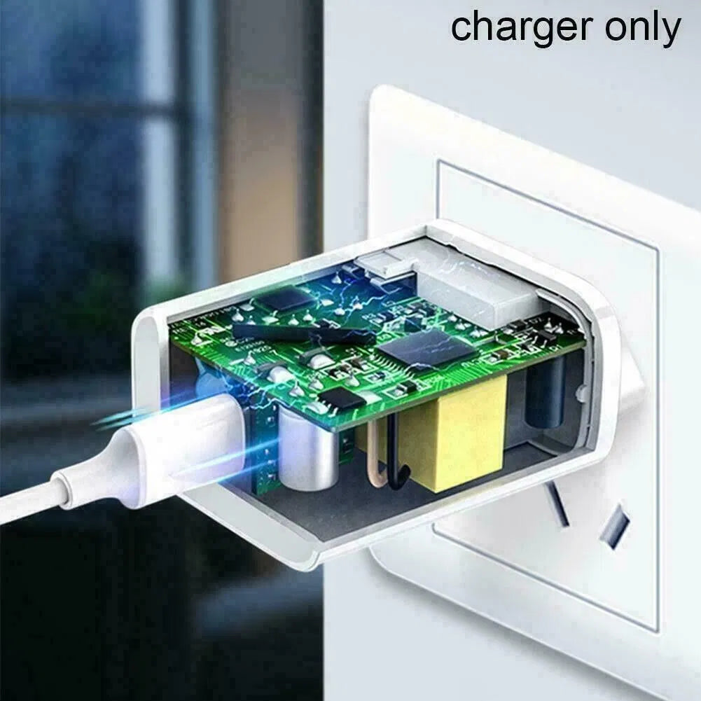 Technical cutaway illustration of white charger plug revealing green circuit board, yellow transformer, and capacitors.