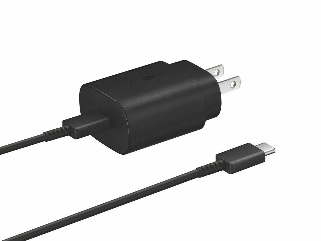 Matte black USB-C wall adapter connected to black cable displayed against plain white background showing metal prongs.