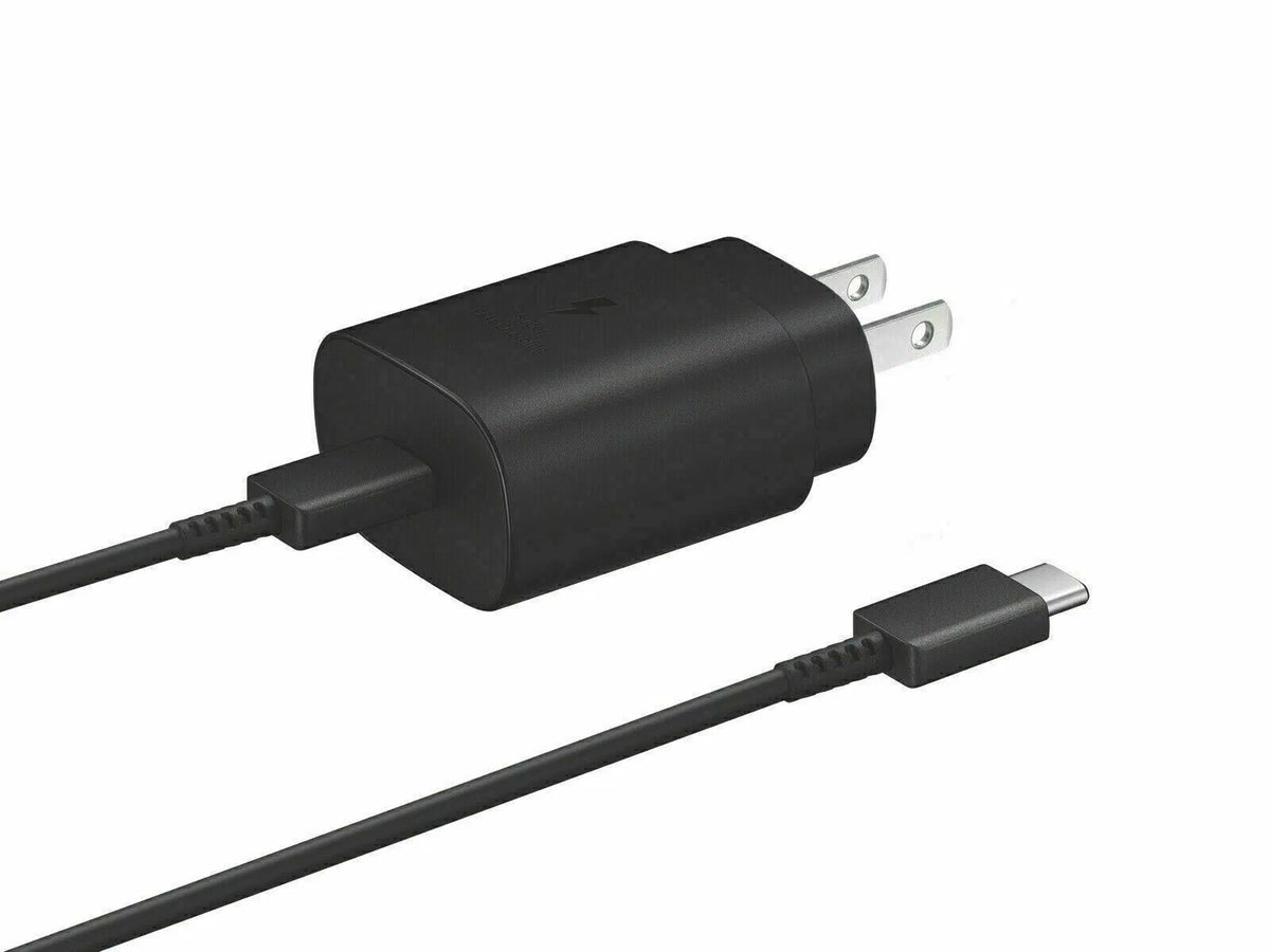 Matte black USB-C wall adapter connected to black cable displayed against plain white background showing metal prongs.