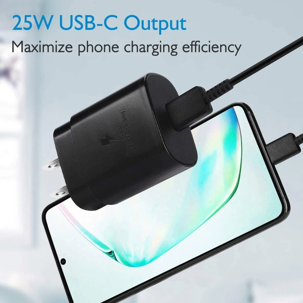 Black 25W USB-C charger plugged into smartphone with vibrant screen display emphasizing output power text overlays.