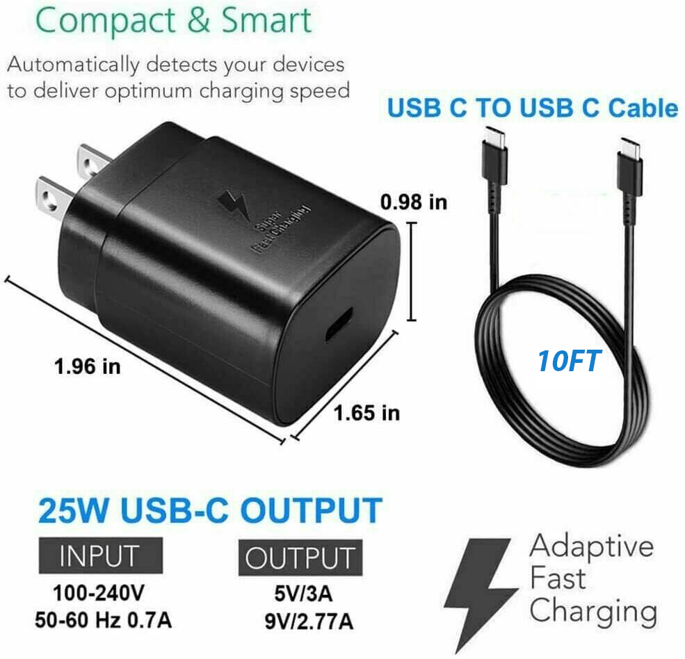 Technical specification graphic displaying charger dimensions alongside coiled 10ft USB-C to USB-C charging cable.