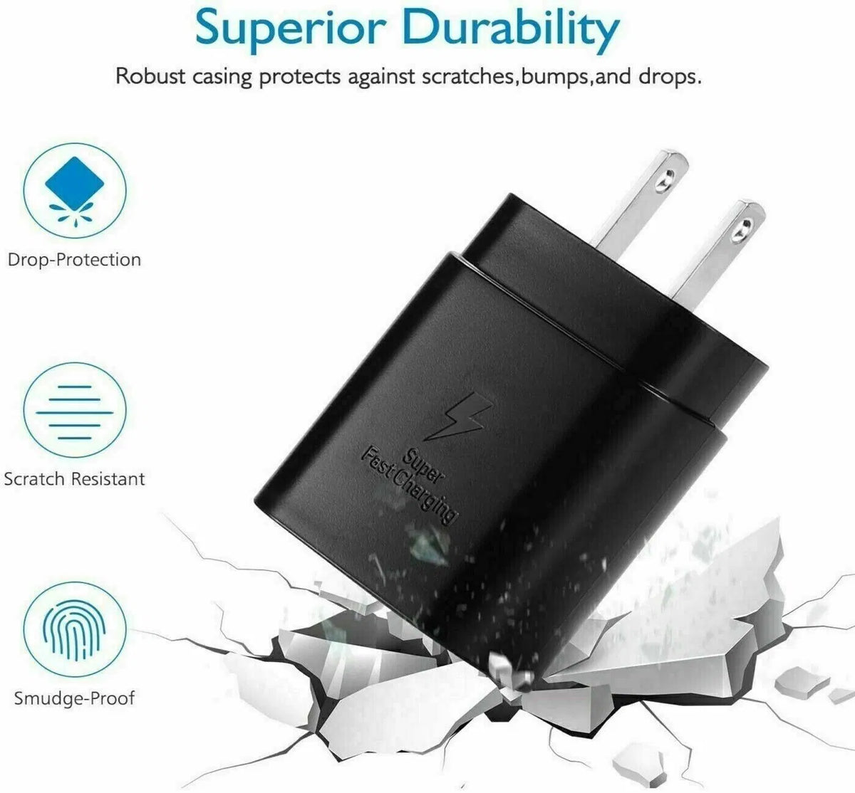 Black wall charger with lightning bolt icon crashing through concrete surface to illustrate durability features.