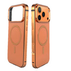 Vista dual de la funda naranja destacando bisel frontal y anillo magnético trasero
