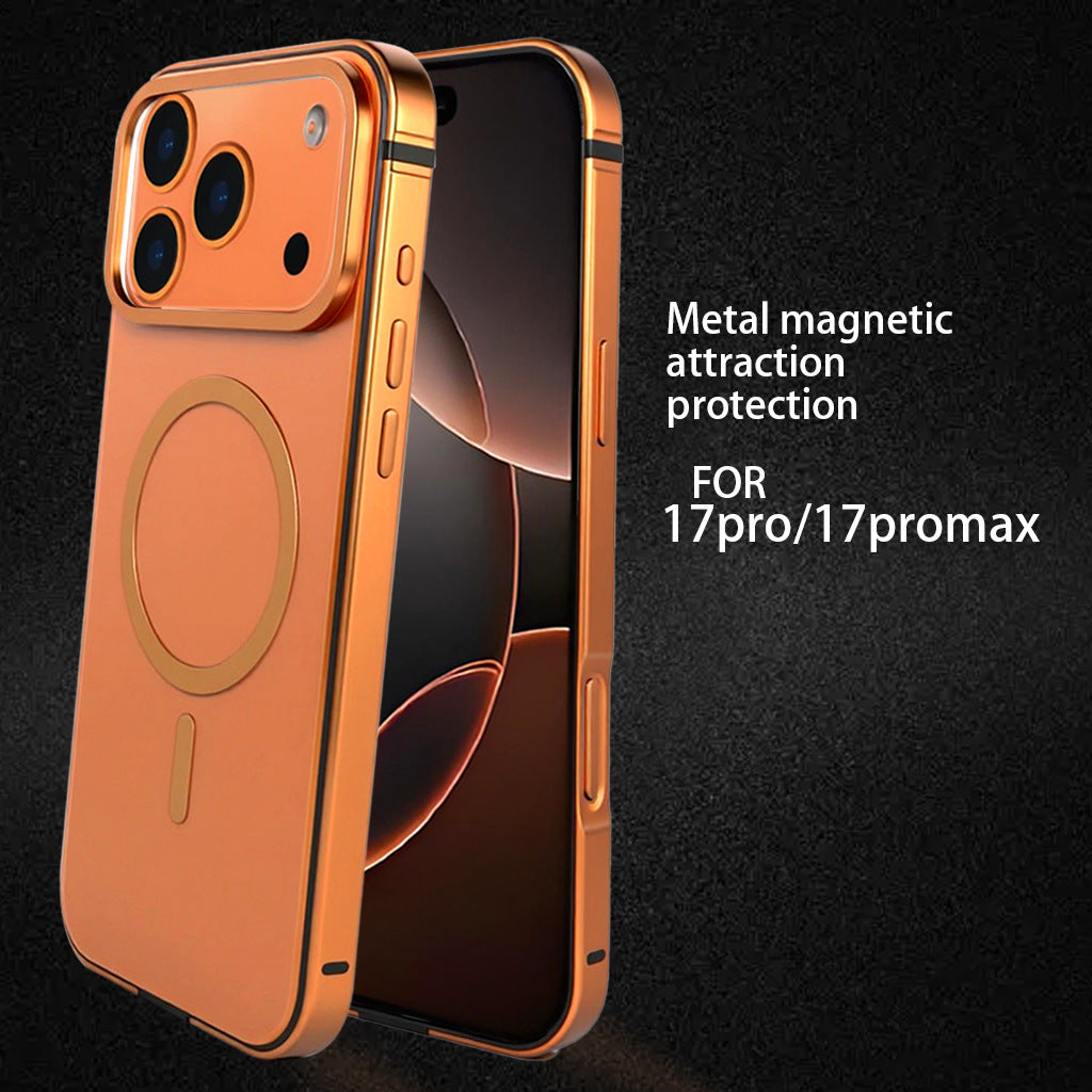 Funda metálica naranja con anillo magnético circular y protección elevada para cámara sobre fondo oscuro