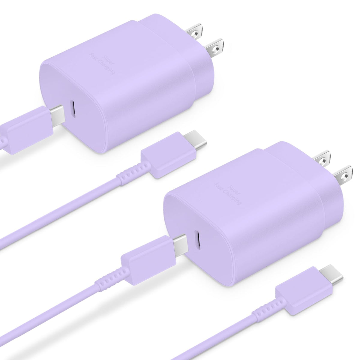 Lavender purple charging set with adapters and cables plugged in, illustrating fit and 'Super Fast Charging' branding.