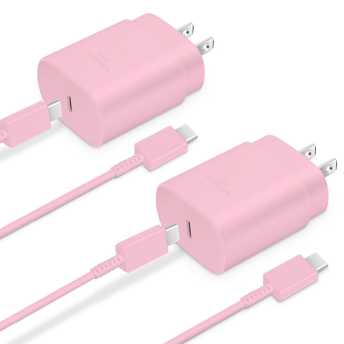 Pastel pink charger set with color-matched design, highlighting reinforced strain relief texture near connector heads.