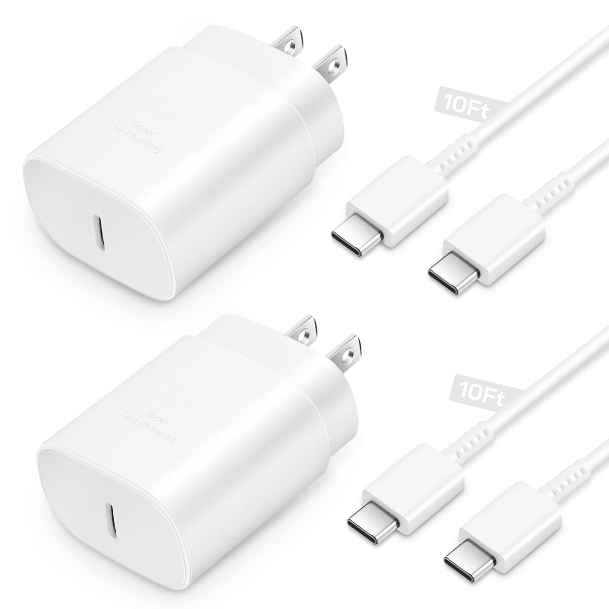 White USB-C chargers with graphic label reading 10Ft indicating cable length and standard charging text on adapter body.