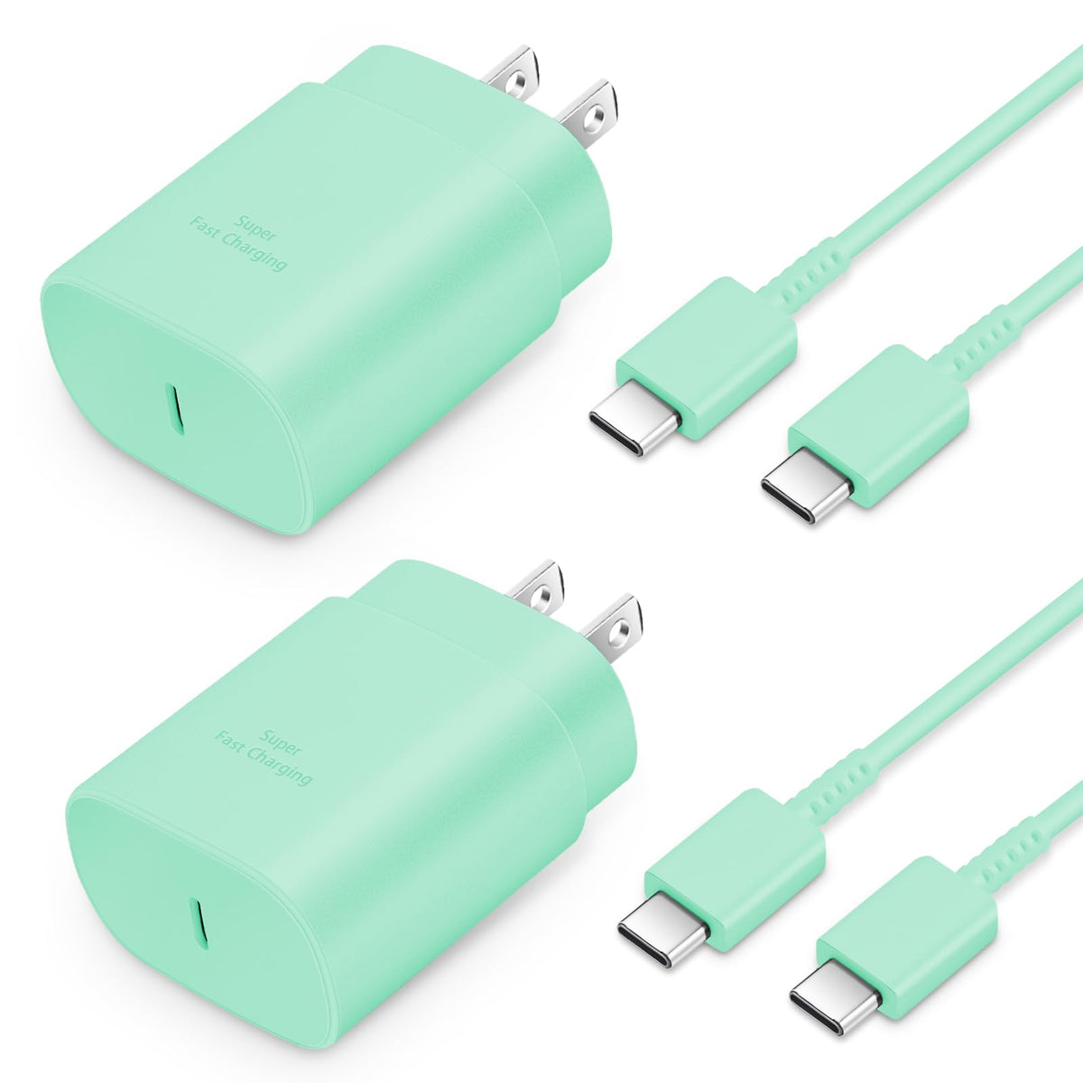 Mint green wall chargers paired with matching cables, showing 'Super Fast Charging' label and silver metal connectors.