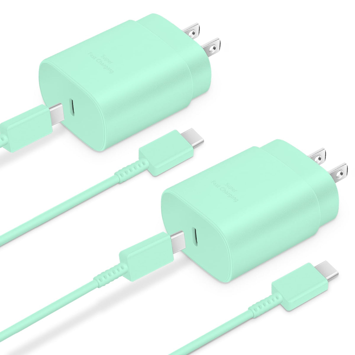 Mint green charging accessories with one cable plugged into the top adapter port, demonstrating connectivity against white