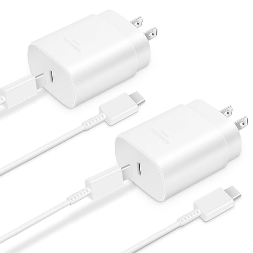 White glossy USB-C wall chargers with silver prongs and matching white cables against a clean white background.