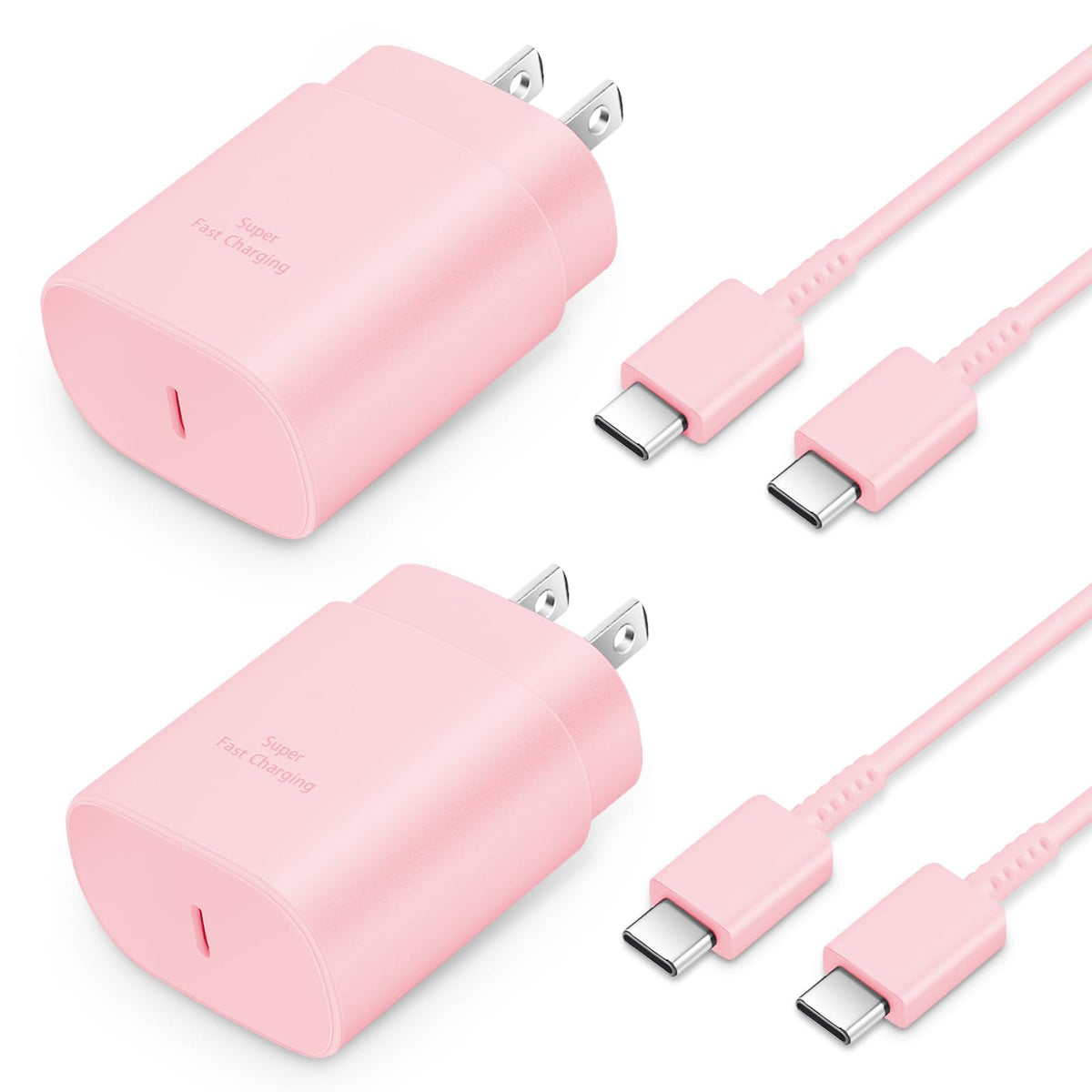 Pastel pink fast charging kit with two wall plugs and cables laid out to show full length and reinforced strain relief.
