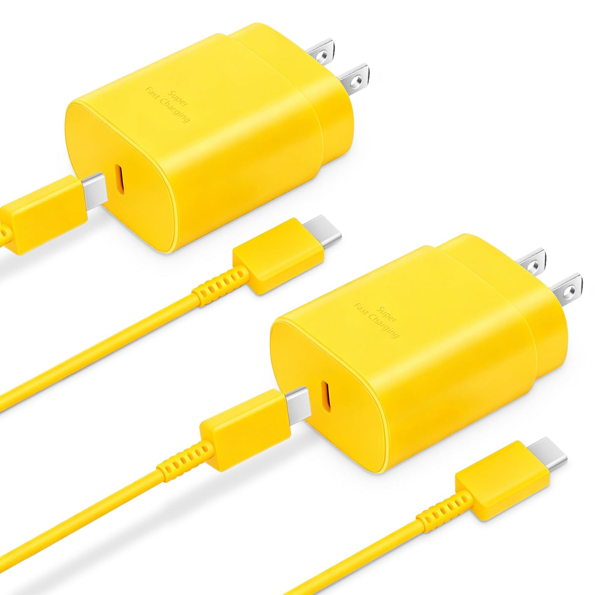 Vibrant yellow charger set with one cable inserted into the upper adapter port to illustrate usage on white surface.
