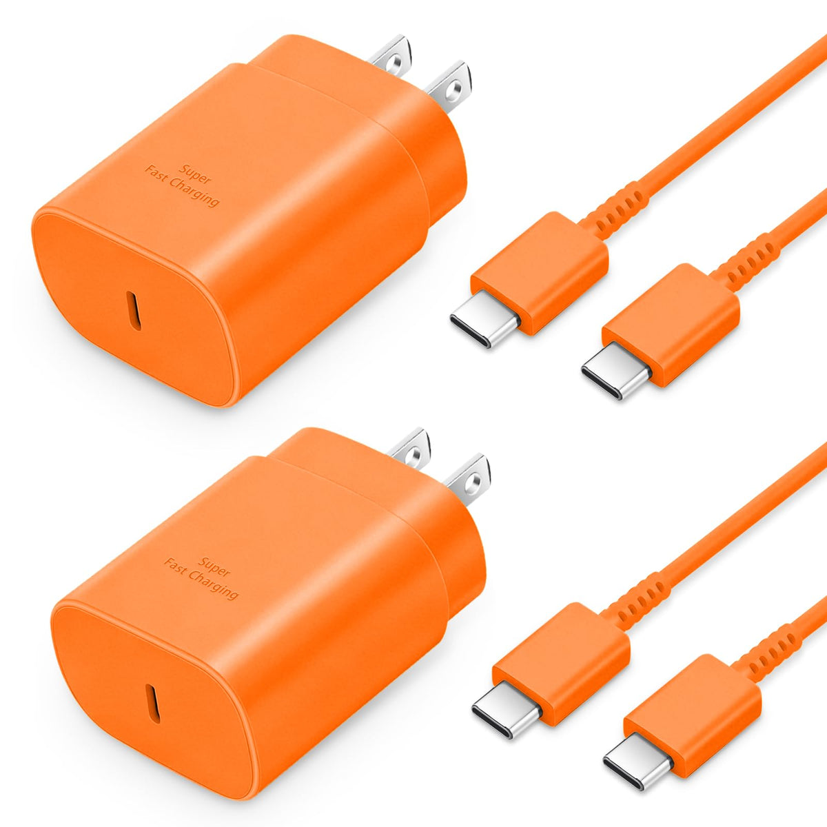 Vibrant orange USB-C chargers with smooth matte texture and exposed silver USB-C connectors on matching cables.