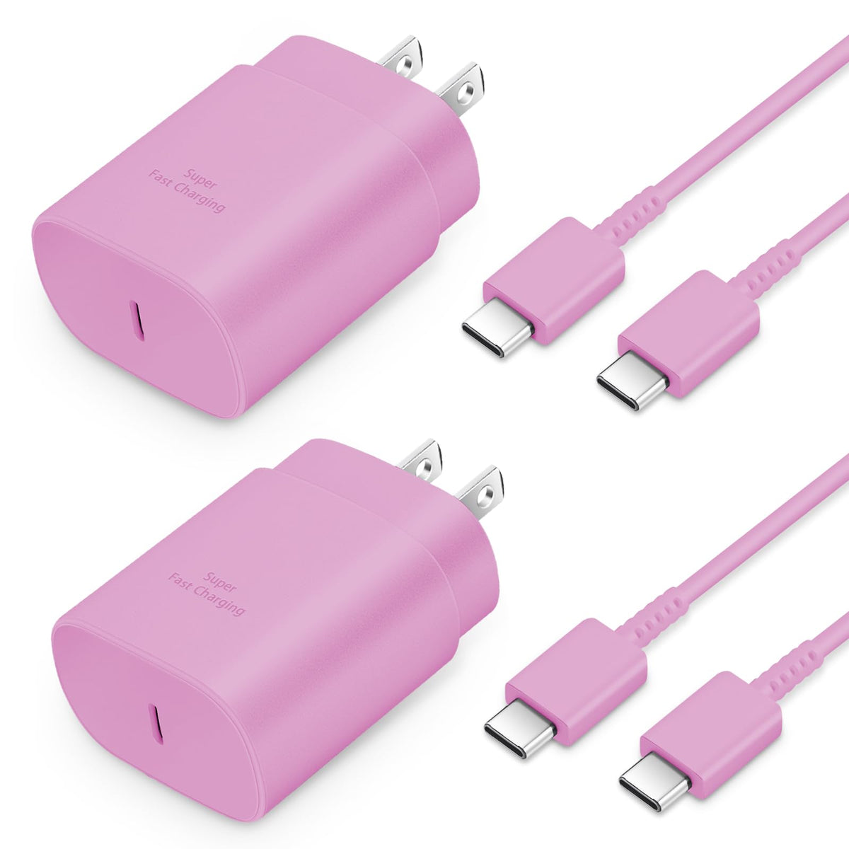 Matte pink USB-C wall chargers and matching cables arranged on white background with 'Super Fast Charging' label.