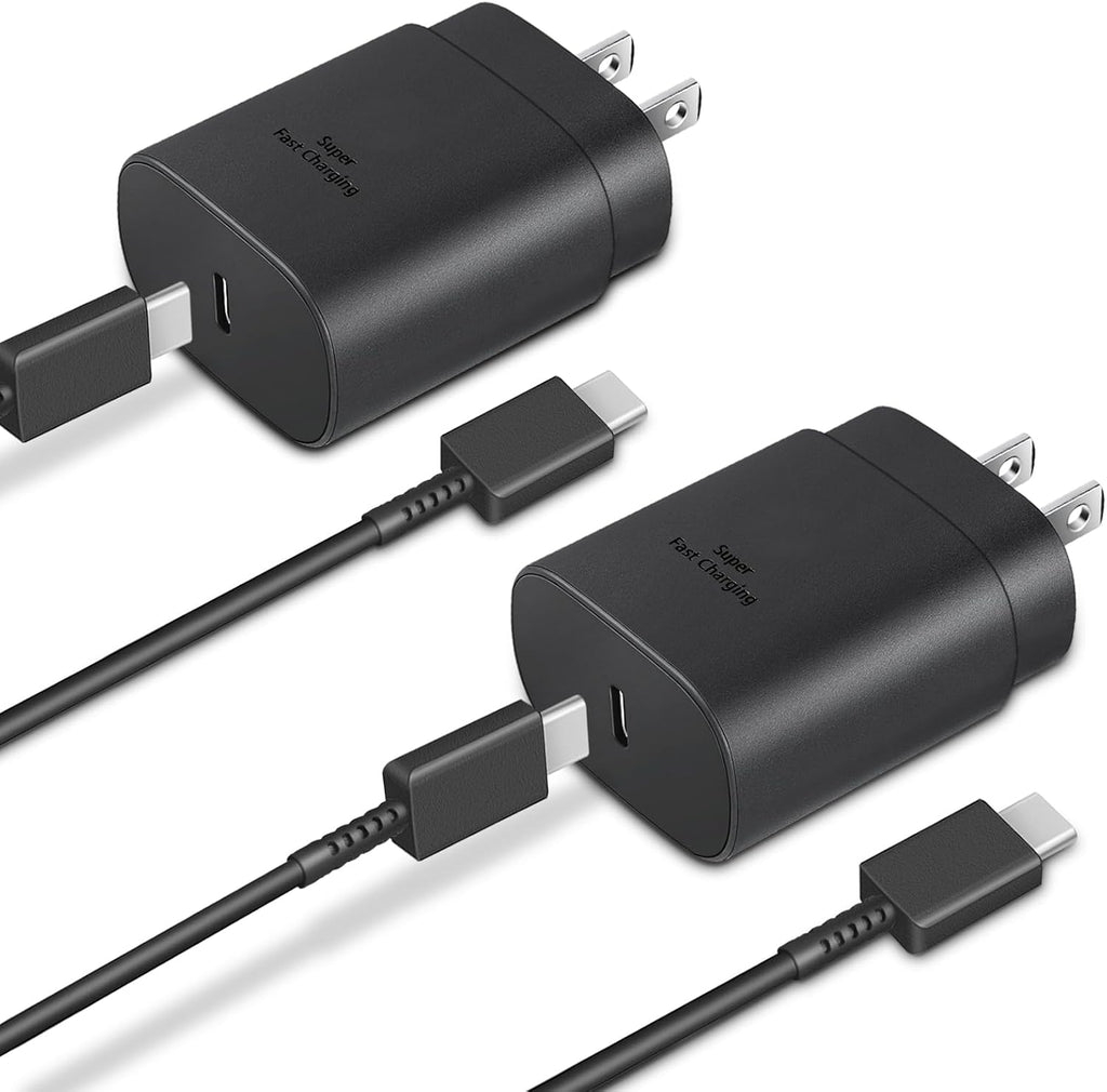 Black USB-C wall chargers with matte finish and 'Super Fast Charging' text, paired with black cables and US two-prong plugs.