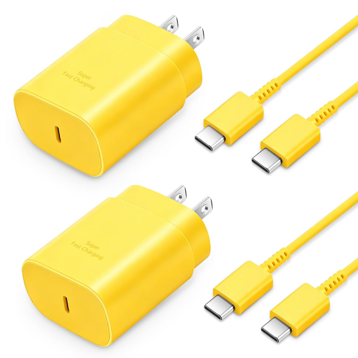 Bright yellow charging accessories with uniform color coordination and metallic connector tips laid out on white surface.