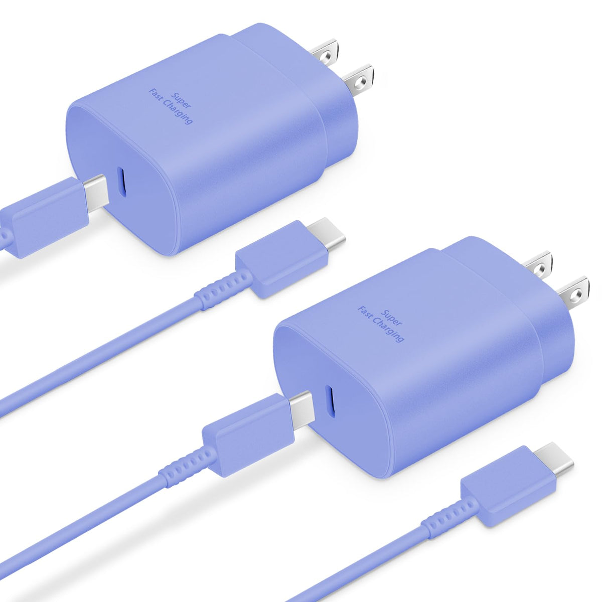 Periwinkle blue wall chargers with matching cables inserted into ports, emphasizing matte finish texture and inscription.