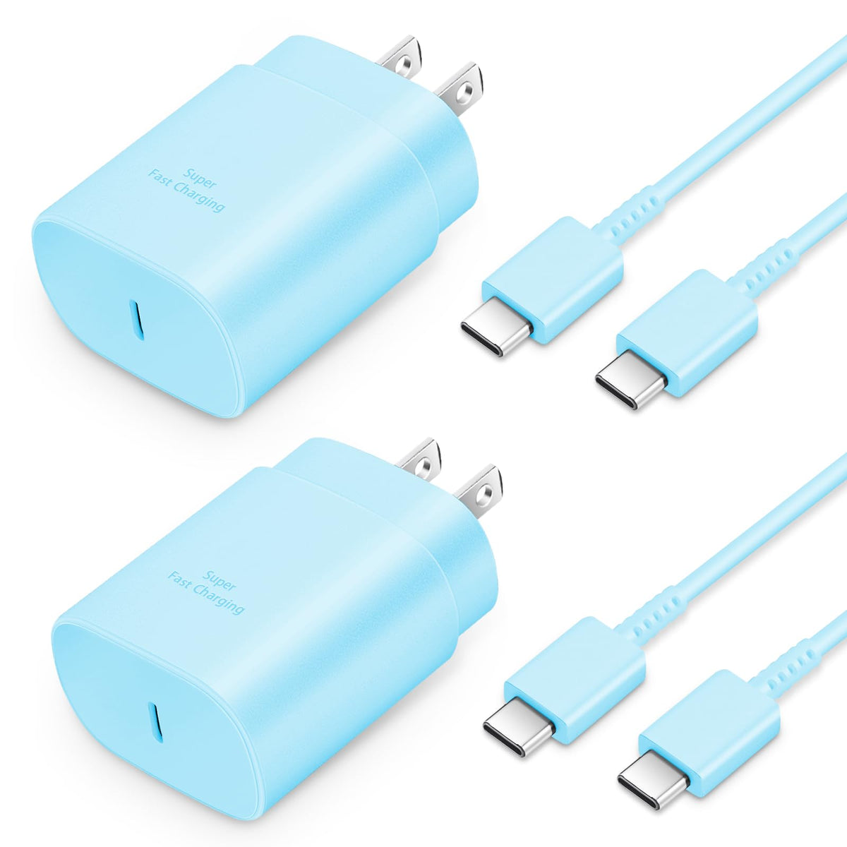 Light blue charging kit with matte plastic casing and metallic sheen of USB-C connectors displayed on white background.