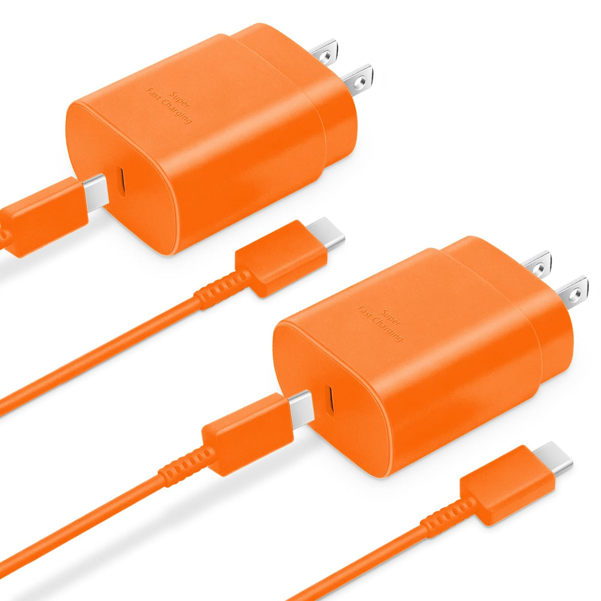 Two vibrant orange USB-C chargers with matching cables plugged in, highlighting ribbed strain relief design near connectors.