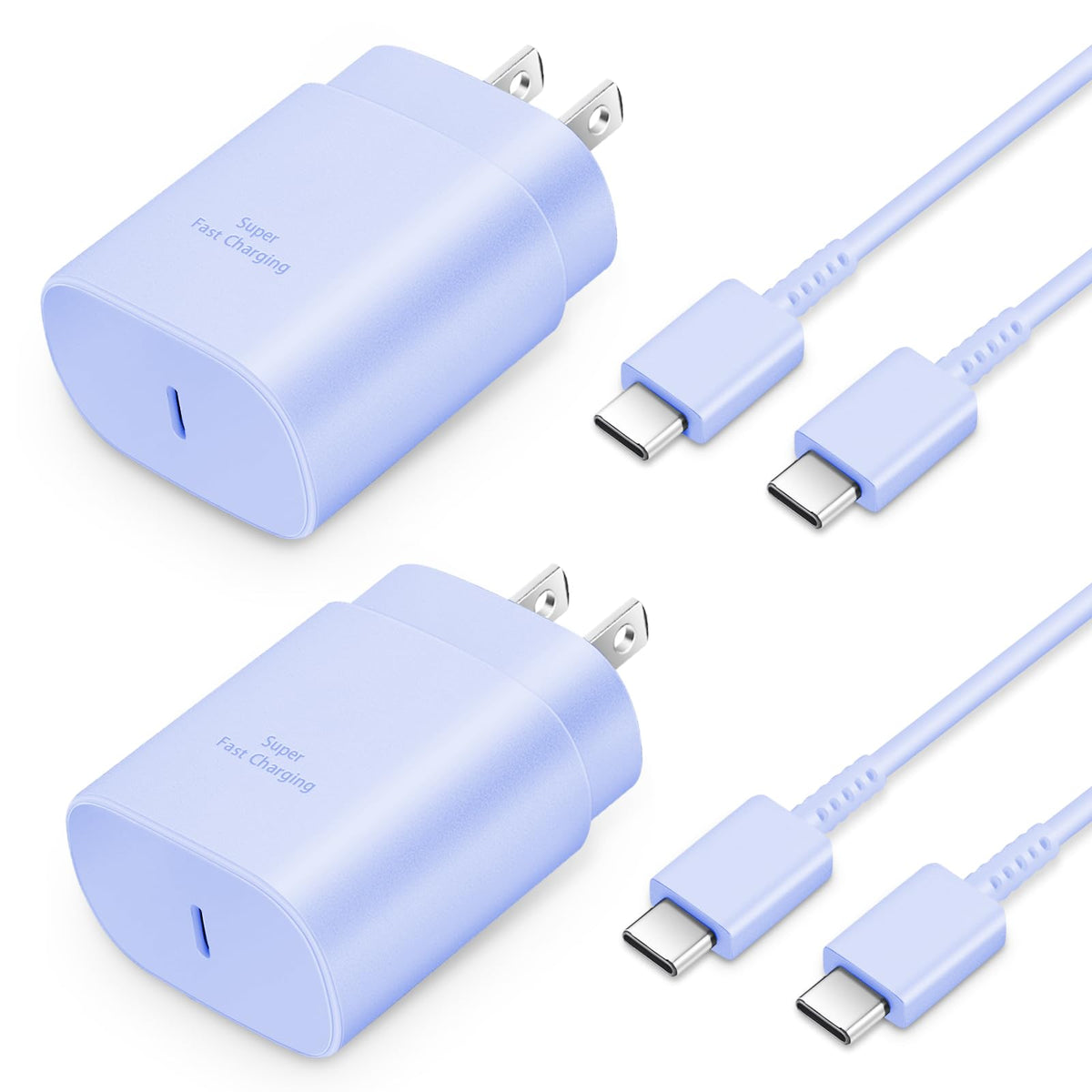 Pastel lavender USB-C chargers with silver prongs and 'Super Fast Charging' text printed on side of compact adapters.