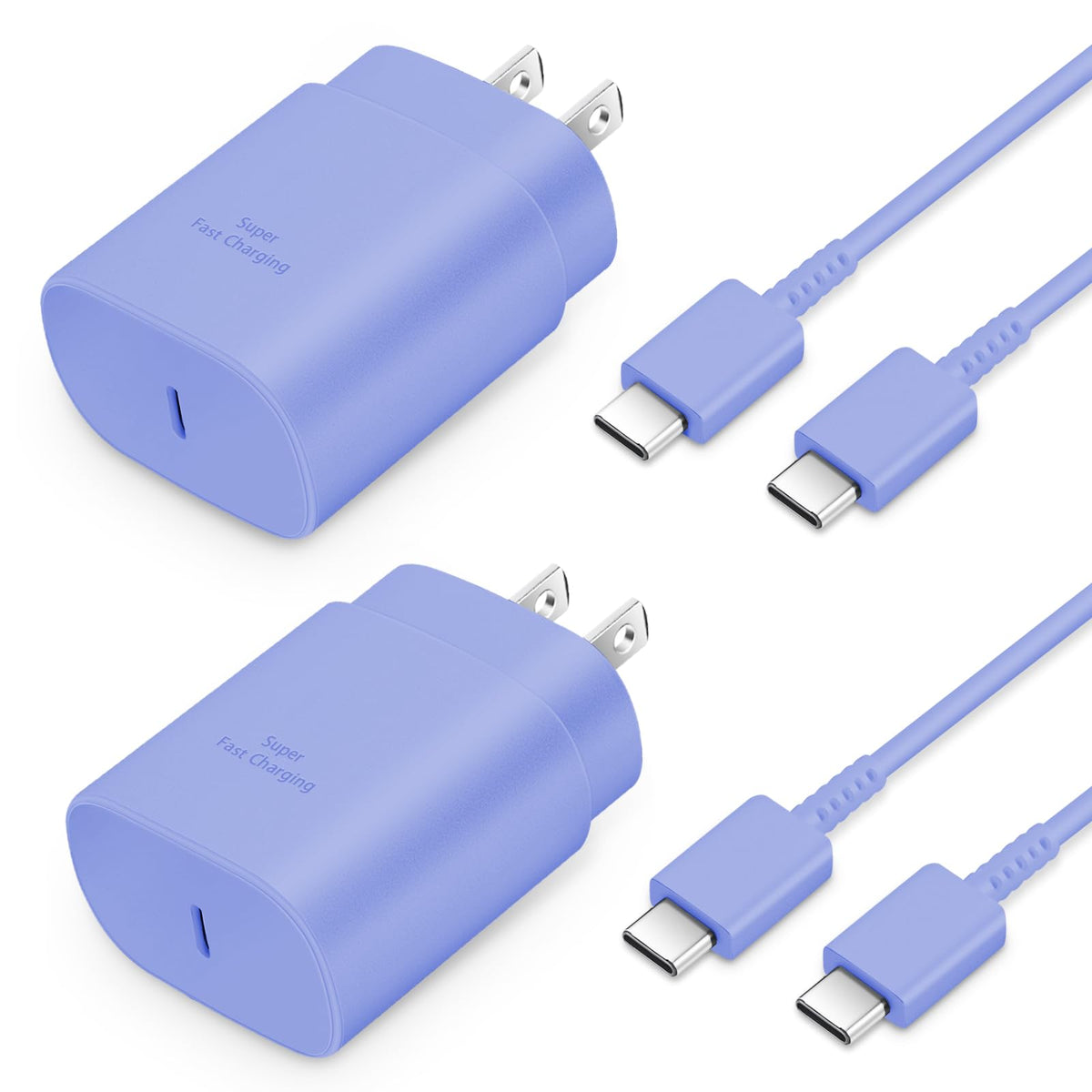 Lavender purple USB-C chargers with silver US-style prongs and 'Super Fast Charging' text on compact rounded adapters.