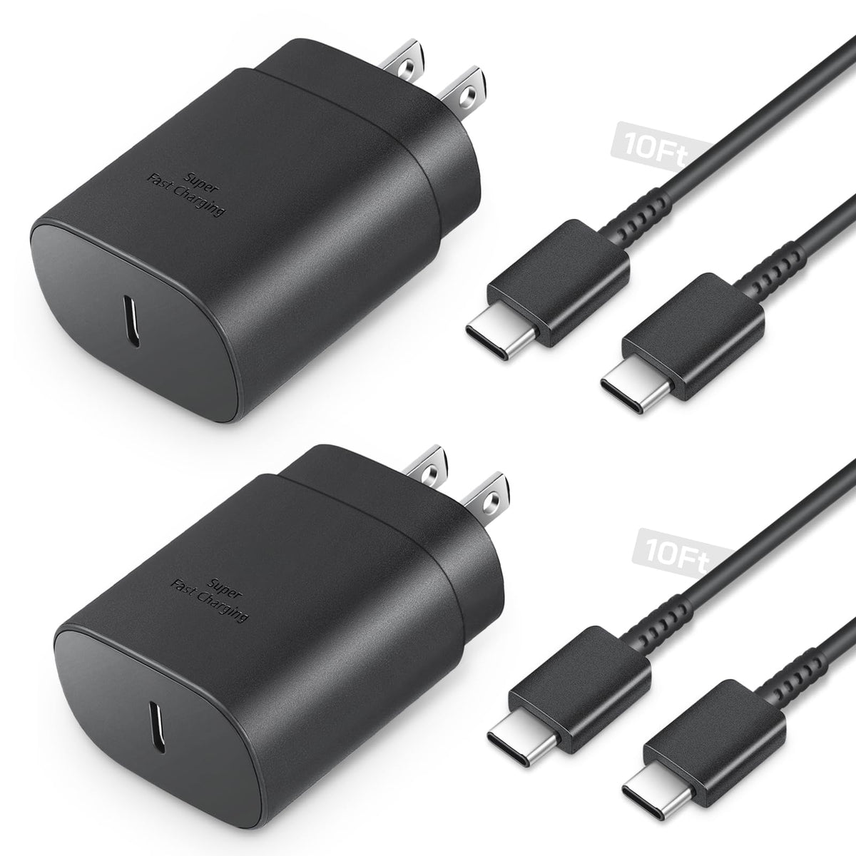 Black USB-C chargers with extended 10ft braided cables, highlighting durable connector housing and charging text.