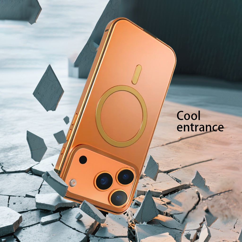 Orange metal case resting on shattered concrete demonstrating durability and matte finish