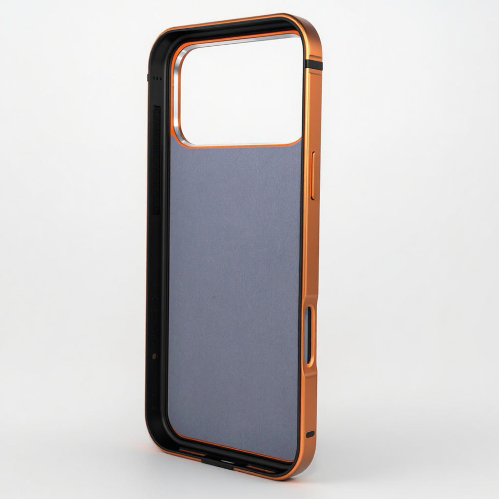 Interior of orange metal case showing black lining and precise port cutouts for secure fit