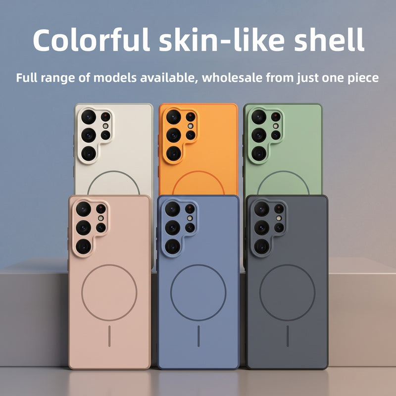 Six colorful phone cases in cream, orange, and sage green arranged on a tiered display surface