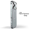 Funda metálica gris en ángulo lateral-trasero con bisel elevado para cámara y anillo magnético central