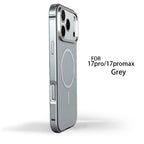 Funda metálica gris en ángulo lateral-trasero con bisel elevado para cámara y anillo magnético central