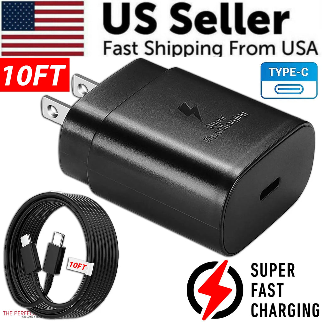 Black 25W super fast charging wall adapter with embossed logo next to coiled 10-foot black USB-C charging cable.