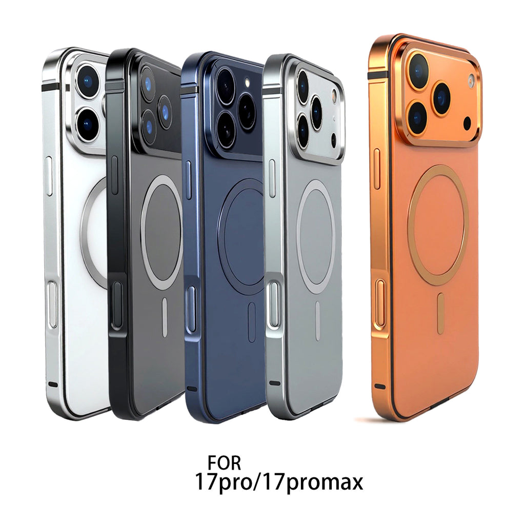 Cinco fundas metálicas delgadas en plata, negro, azul, gris y naranja mostrando opciones de color