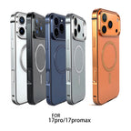 Cinco fundas metálicas delgadas en plata, negro, azul, gris y naranja mostrando opciones de color