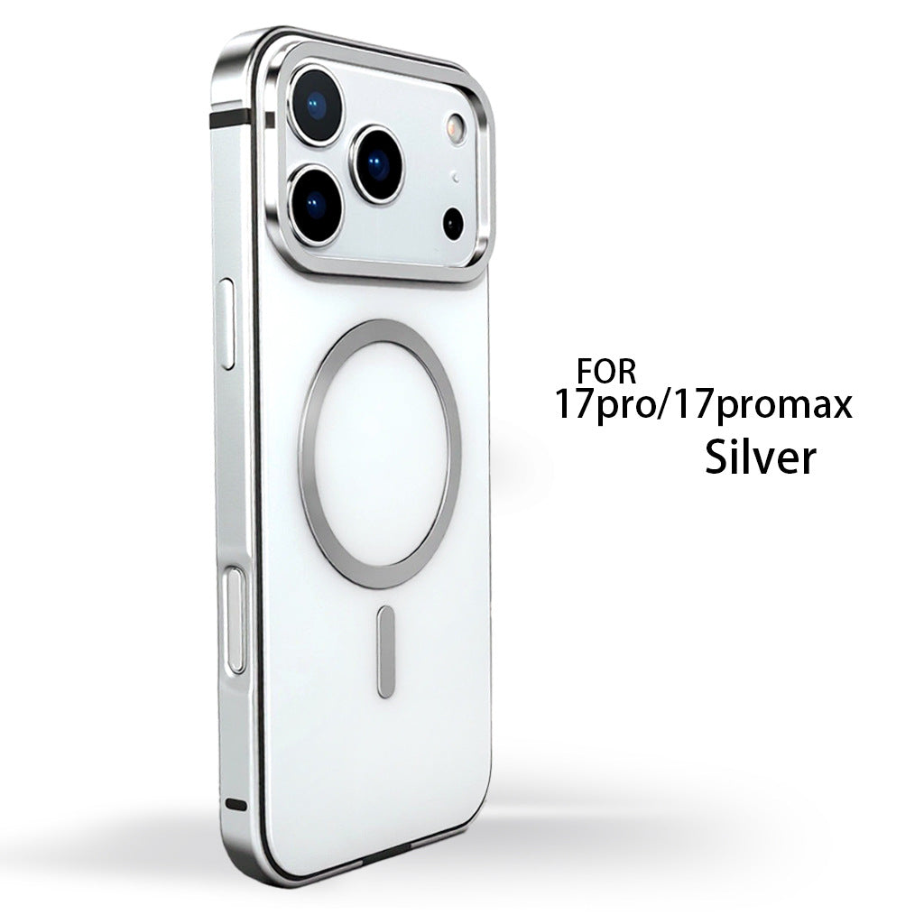 Silver glossy frame and white back panel case with prominent magnetic ring and camera protection